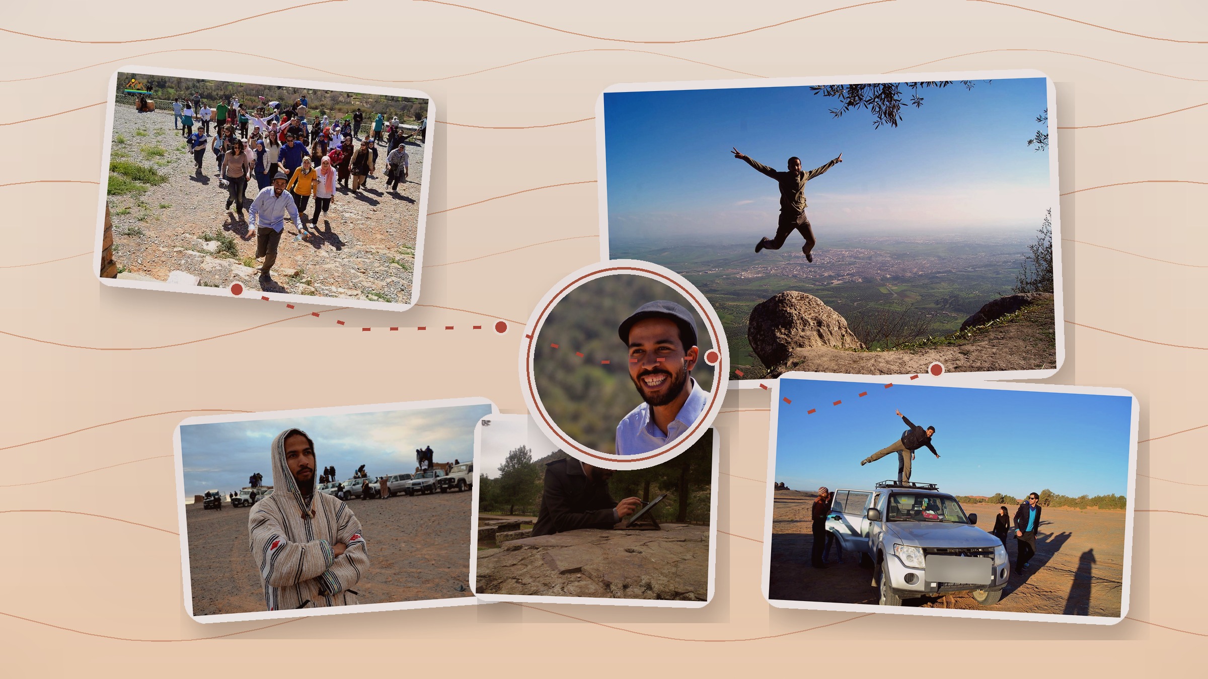 Collage of real founder-route photographs — a walking group, a desert convoy, a mountain-top jump, route planning, and a smiling portrait