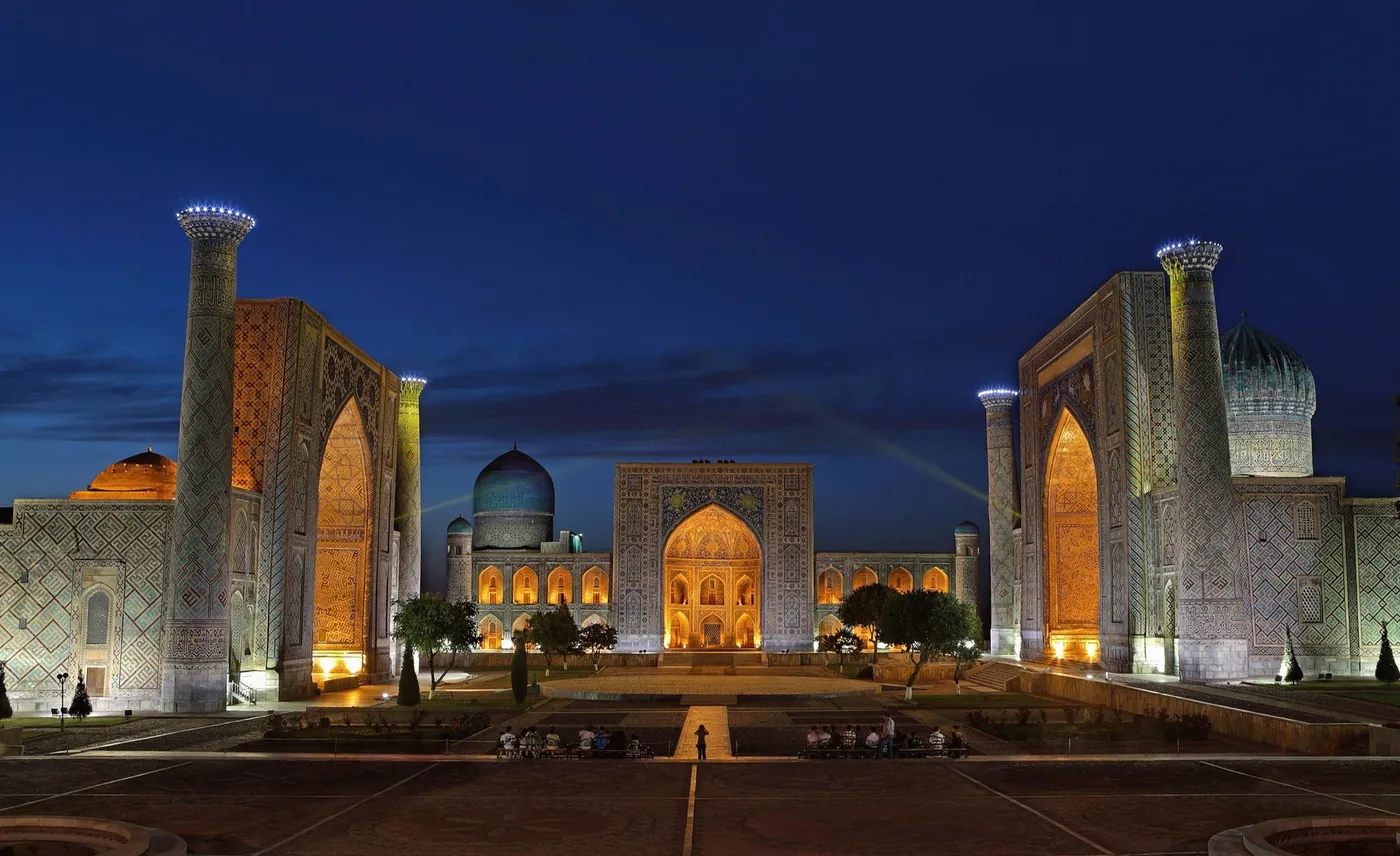The illuminated Registan at night, Samarkand